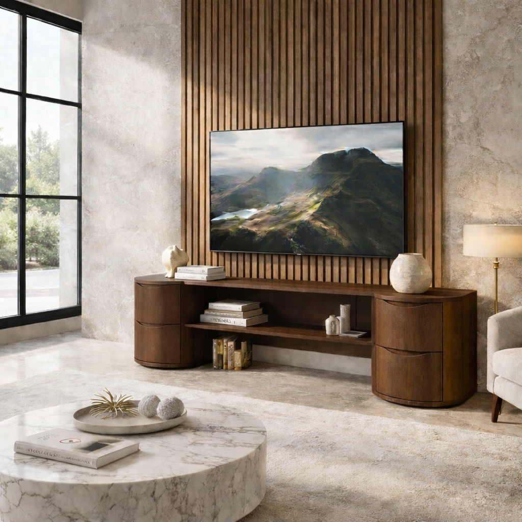 Solid Wood TV Stand with Rounded Drawer Cabinets – Modern Minimalist Media Console