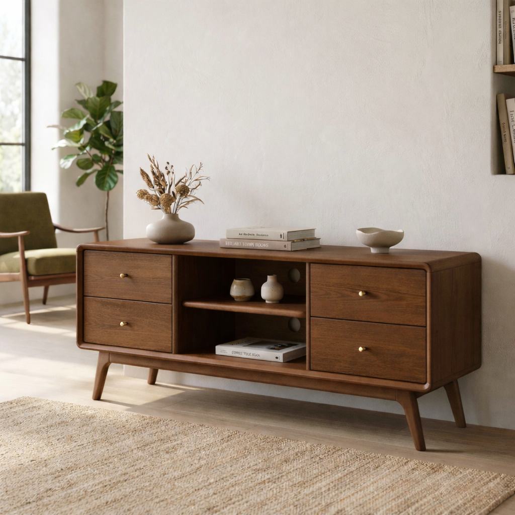 Solid Wood TV Stand with Drawers and Open Shelf – Mid-Century Modern Media Console