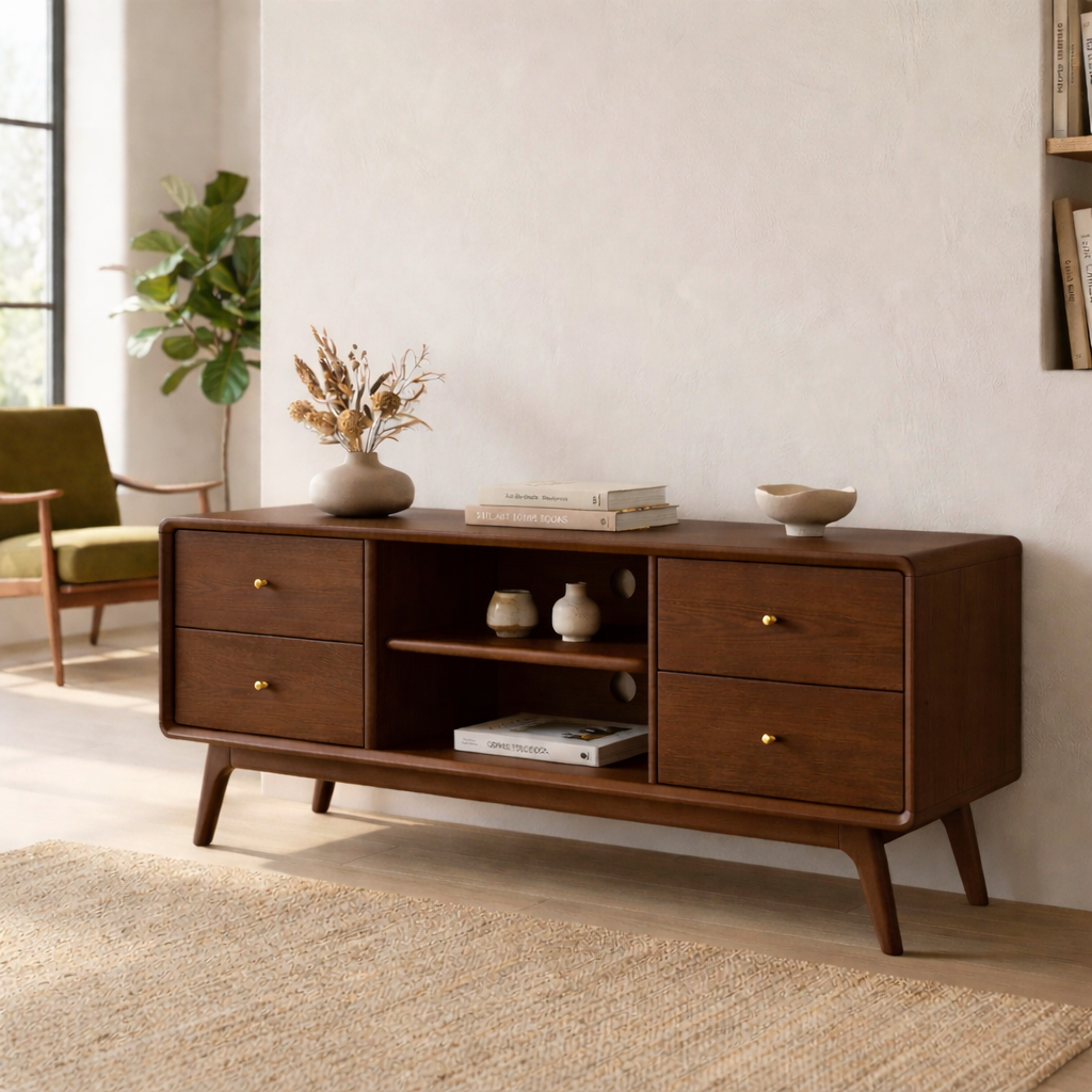 Solid Wood TV Stand with Drawers and Open Shelf – Mid-Century Modern Media Console