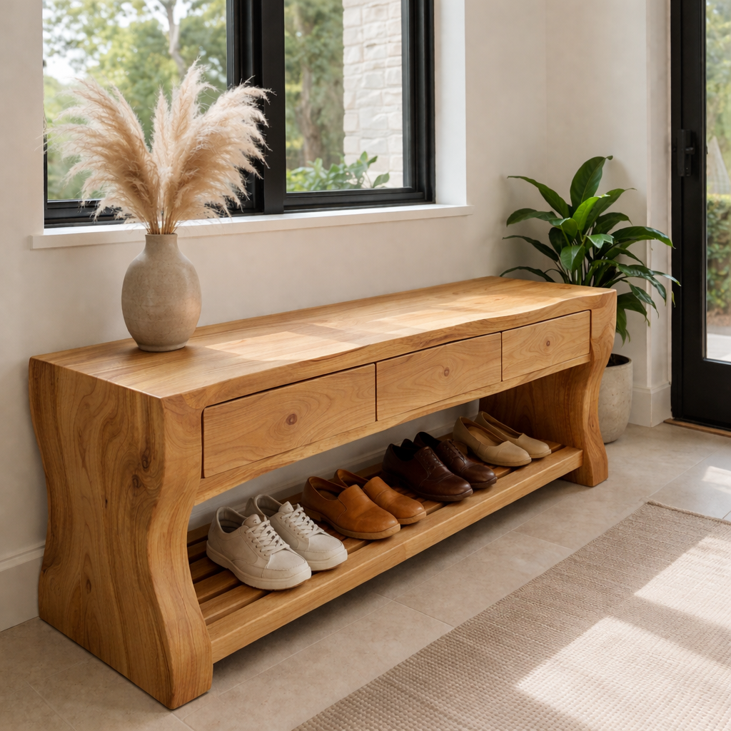 Solid Wood Shoe Bench with Drawers – Modern Walnut Entryway Storage Bench