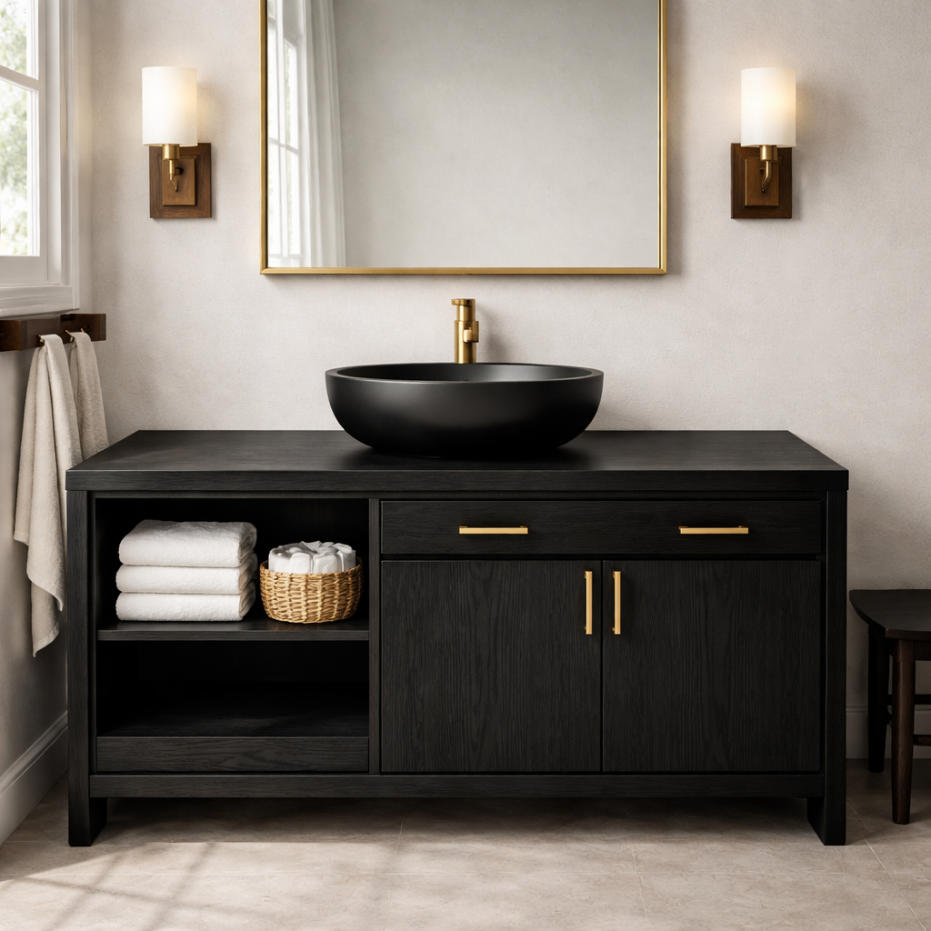 Solid Wood Bathroom Vanity with Open Shelf and Concealed Cabinet Storage