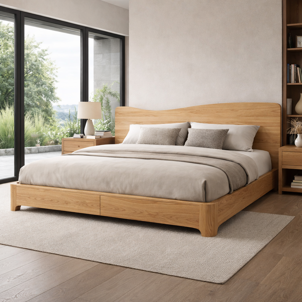 Solid Wood Bed Frame with Curved Headboard and Modern Low-Profile Design