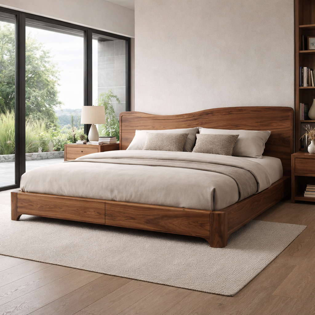 Solid Wood Bed Frame with Curved Headboard and Modern Low-Profile Design