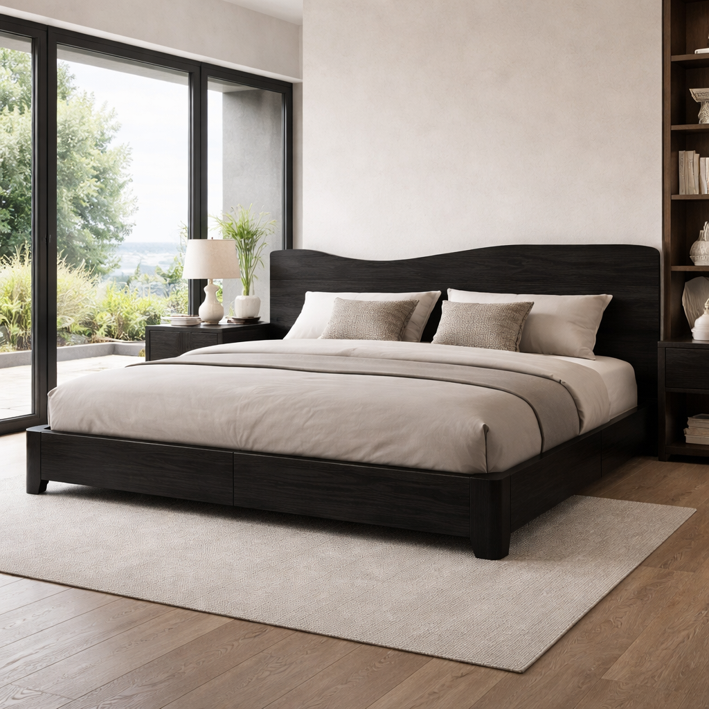 Solid Wood Bed Frame with Curved Headboard and Modern Low-Profile Design