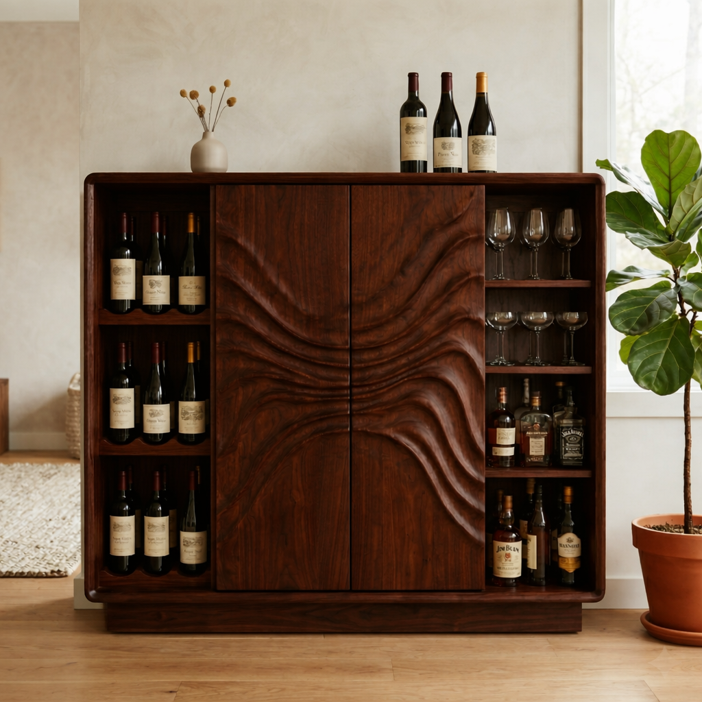Solid Wood Wine Cabinet with Sculptural Wave Doors and Glass & Bottle Storage
