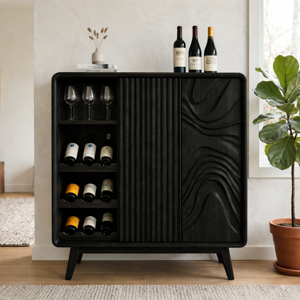 Solid Wood Wine Cabinet with Fluted Panel and Sculptural Door Design