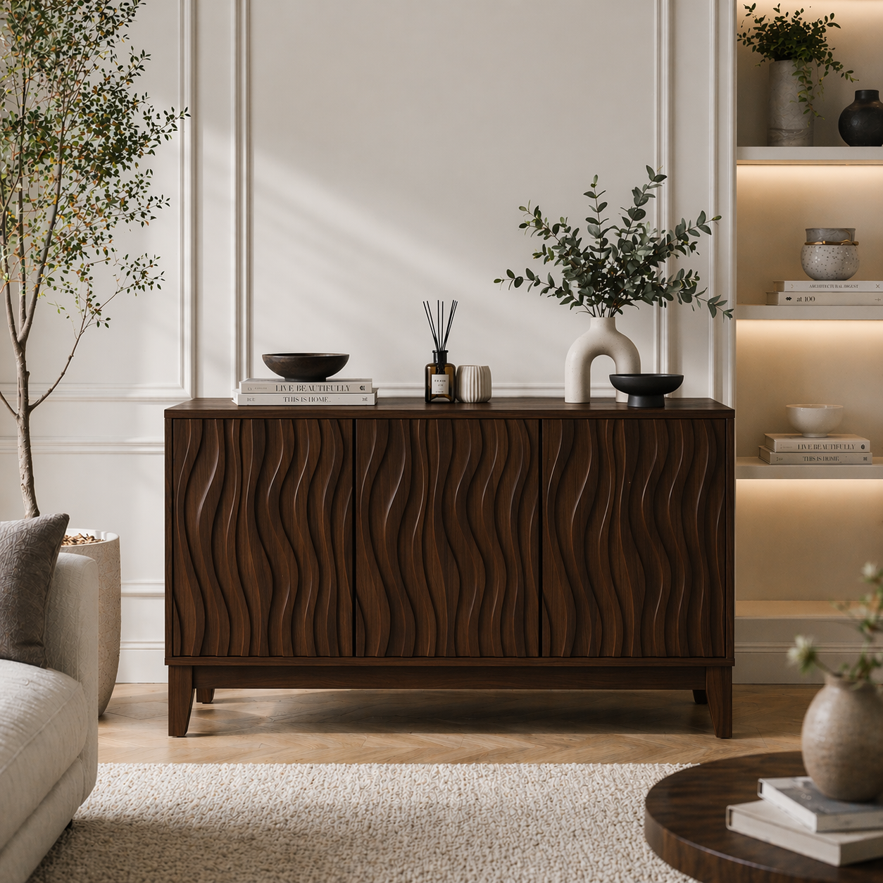Solid Wood Fluted Console Sideboard – Modern Walnut Storage Cabinet