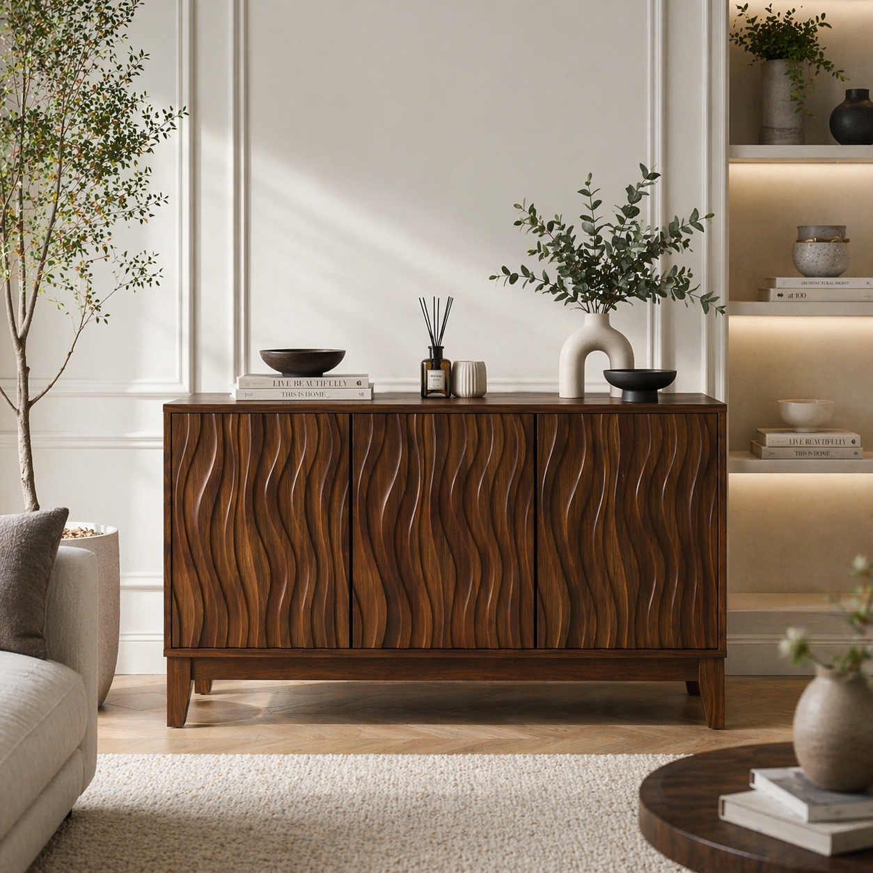 Solid Wood Fluted Console Sideboard – Modern Walnut Storage Cabinet