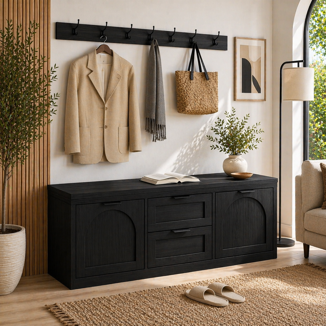 Solid Wood Entryway Bench with Storage Drawers – Shoe Cabinet with Arched Doors