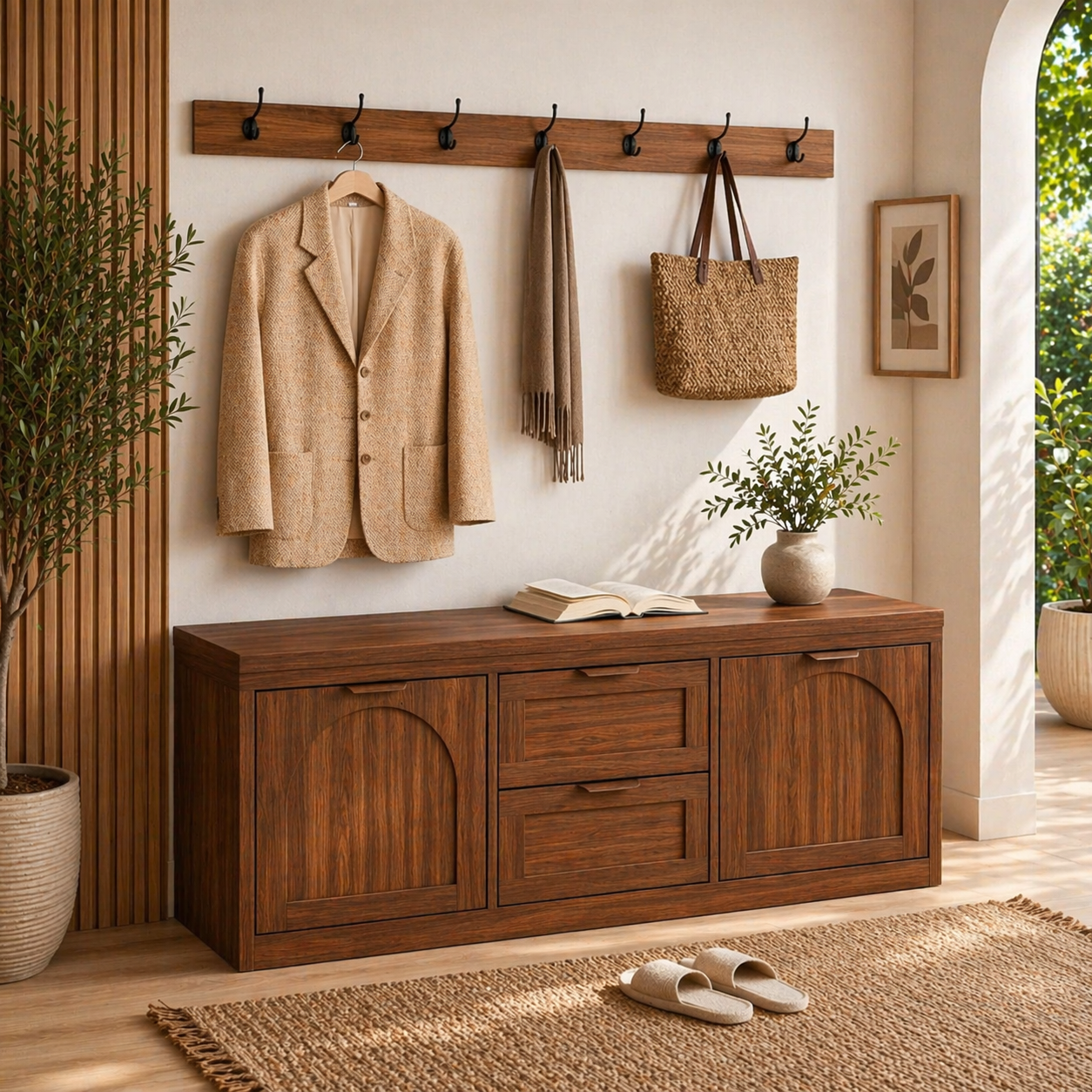 Solid Wood Entryway Bench with Storage Drawers – Shoe Cabinet with Arched Doors