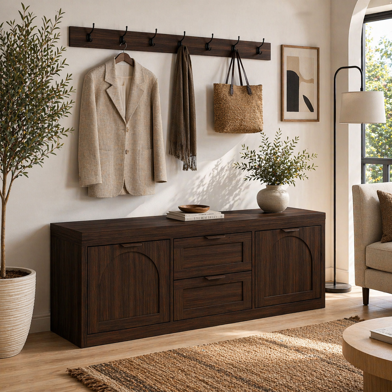 Solid Wood Entryway Bench with Storage Drawers – Shoe Cabinet with Arched Doors