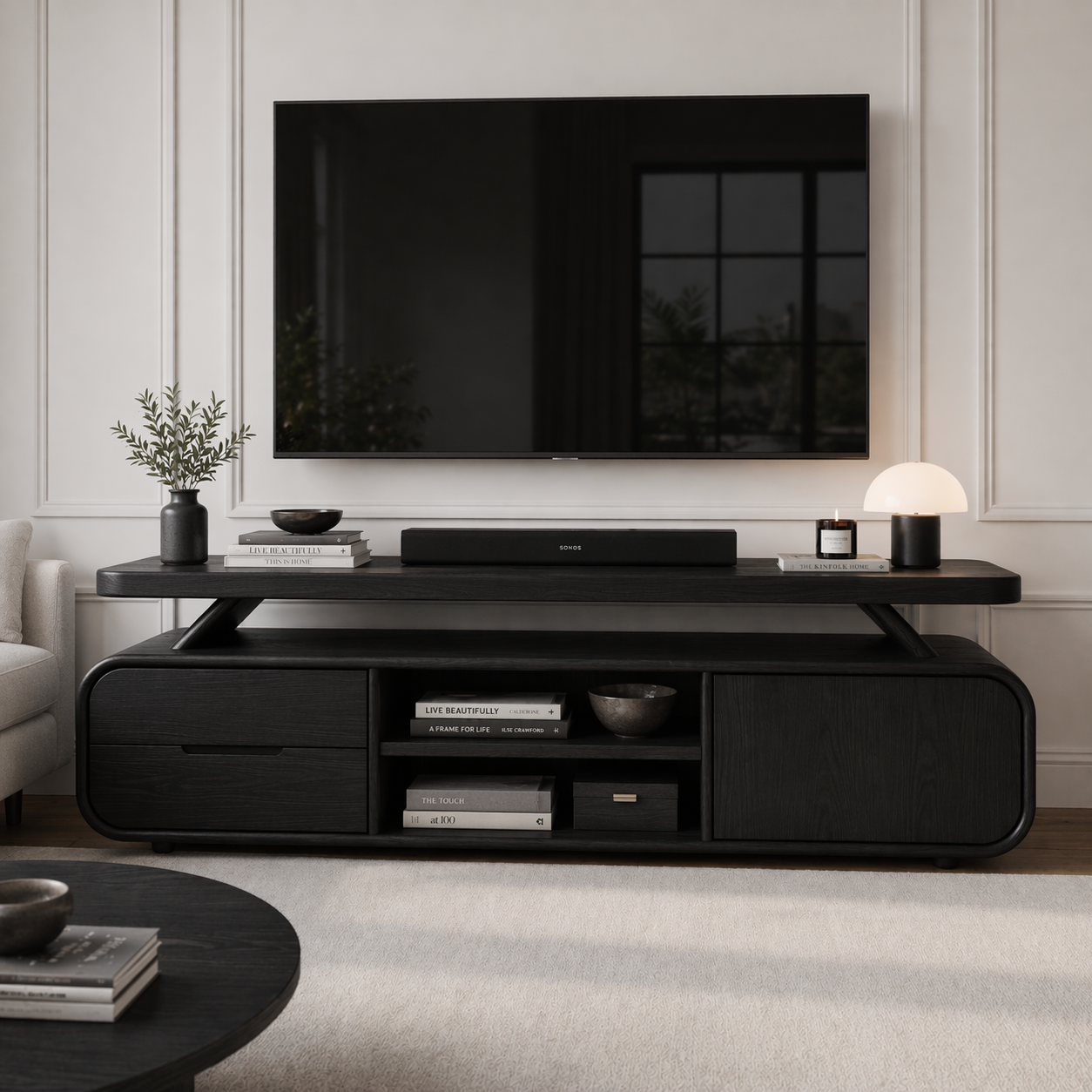 Solid Wood TV Stand with Rounded Edges – Modern Low Profile Media Console with Storage