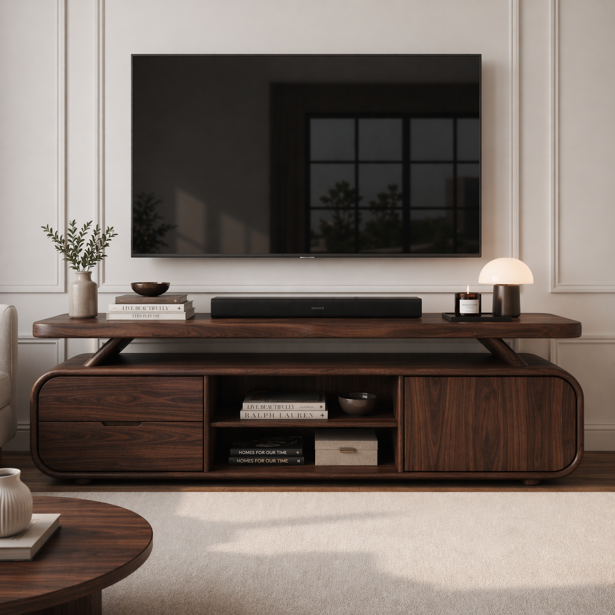 Solid Wood TV Stand with Rounded Edges – Modern Low Profile Media Console with Storage