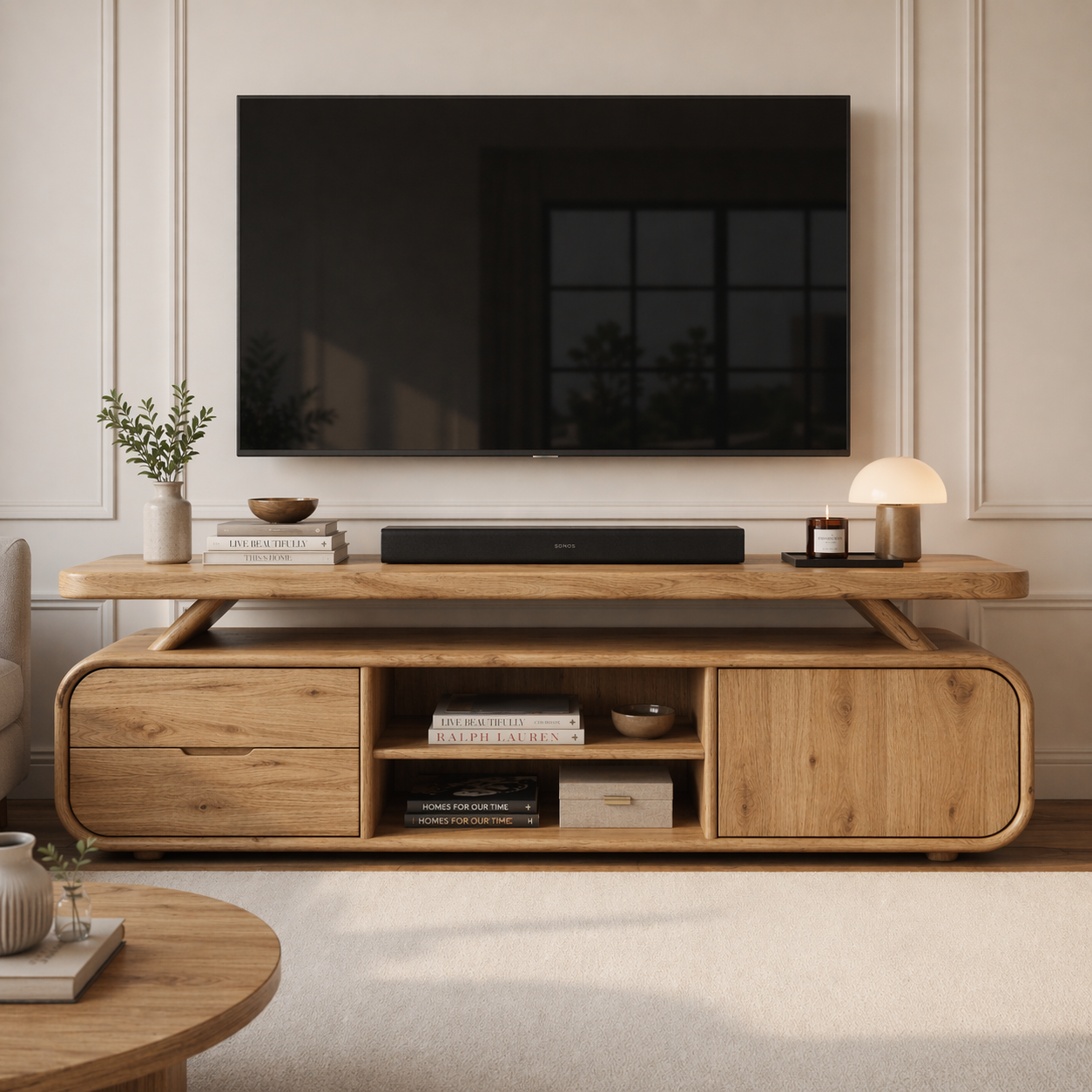 Solid Wood TV Stand with Rounded Edges – Modern Low Profile Media Console with Storage