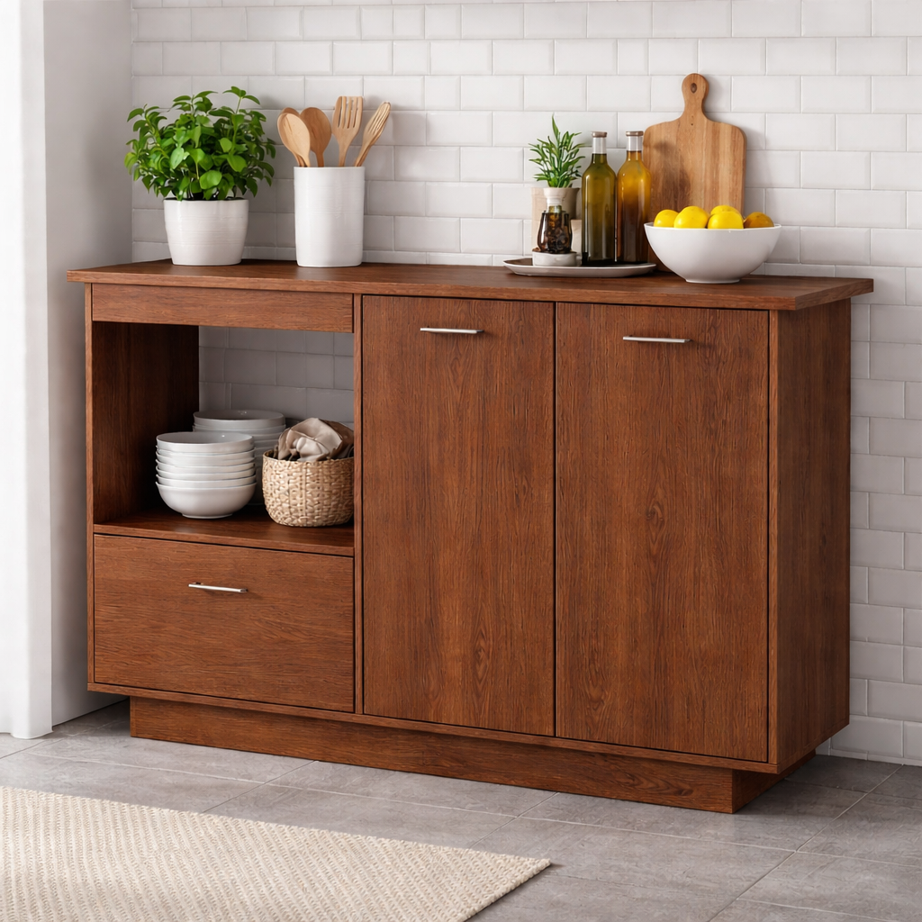 Solid Wood Kitchen Sideboard Cabinet – Walnut Storage Buffet with Drawer & Open Shelf