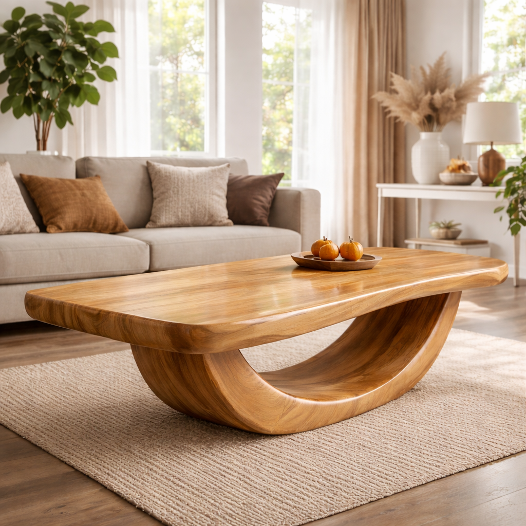 Solid Wood Coffee Table with Curved Sculptural Base and Thick Slab Top