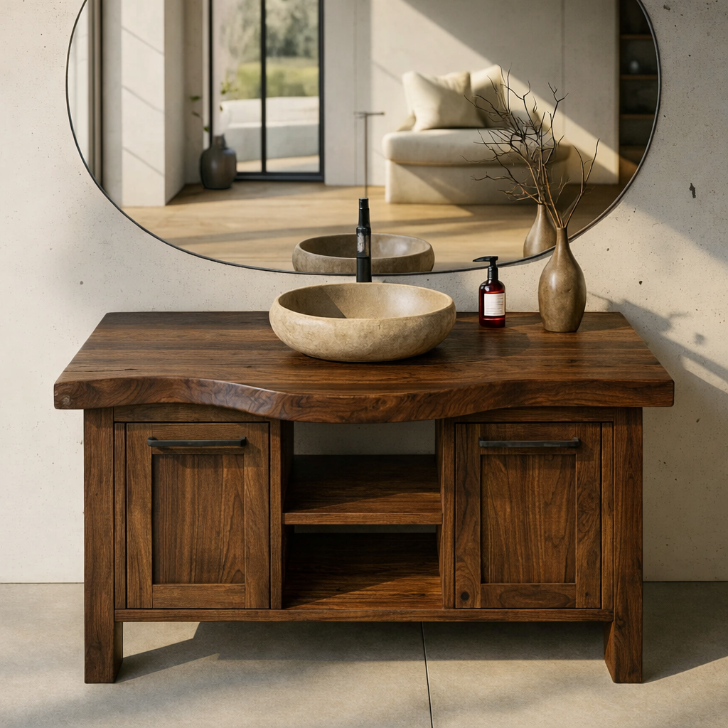 Solid Wood Bathroom Vanity with Double Door Cabinets and Open Center Shelf