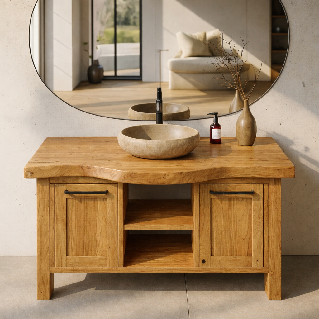 Solid Wood Bathroom Vanity with Double Door Cabinets and Open Center Shelf