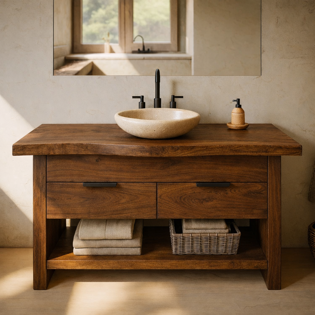 Modern Solid Wood Bathroom Vanity with Double Drawers and Open Bottom Shelf
