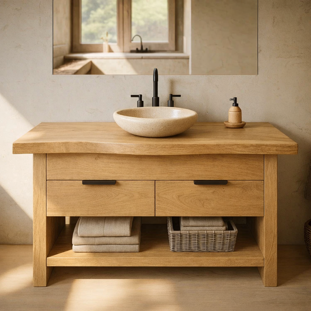 Modern Solid Wood Bathroom Vanity with Double Drawers and Open Bottom Shelf