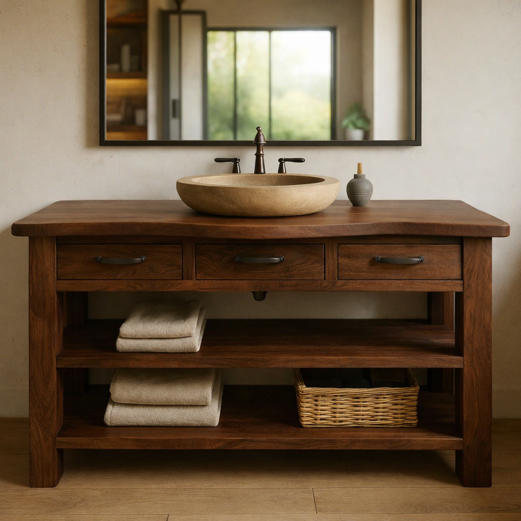 Solid Wood Bathroom Vanity with Three Drawers and Double Open Shelving