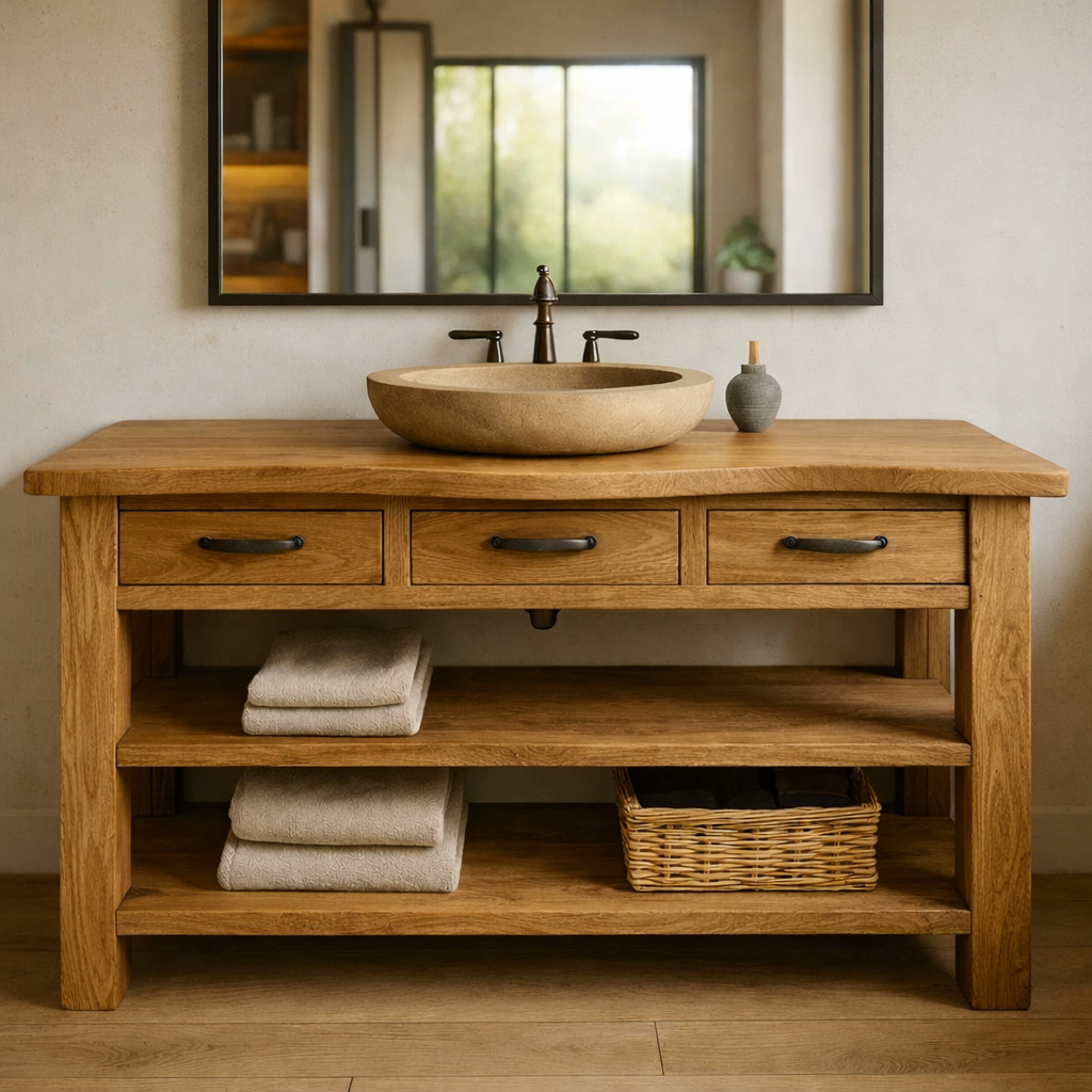 Solid Wood Bathroom Vanity with Three Drawers and Double Open Shelving