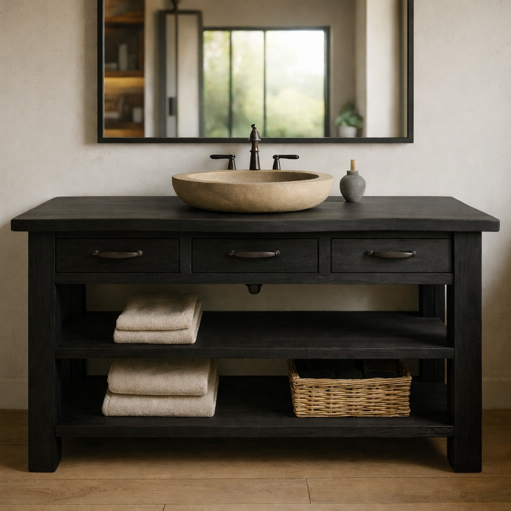 Solid Wood Bathroom Vanity with Three Drawers and Double Open Shelving