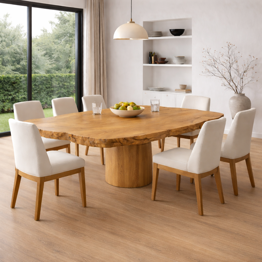 Handcrafted Solid Wood Round Dining Table with Live Edge Top and Pedestal Base