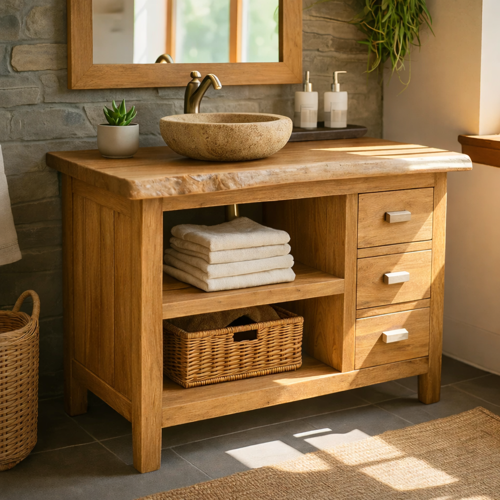 Rustic Solid Wood Live Edge Bathroom Vanity with Open Shelf and Three Drawers