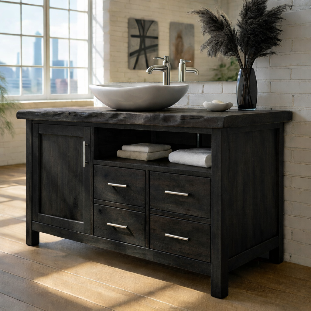 Solid Wood Live Edge Bathroom Vanity with 4 Drawers and Cabinet Door