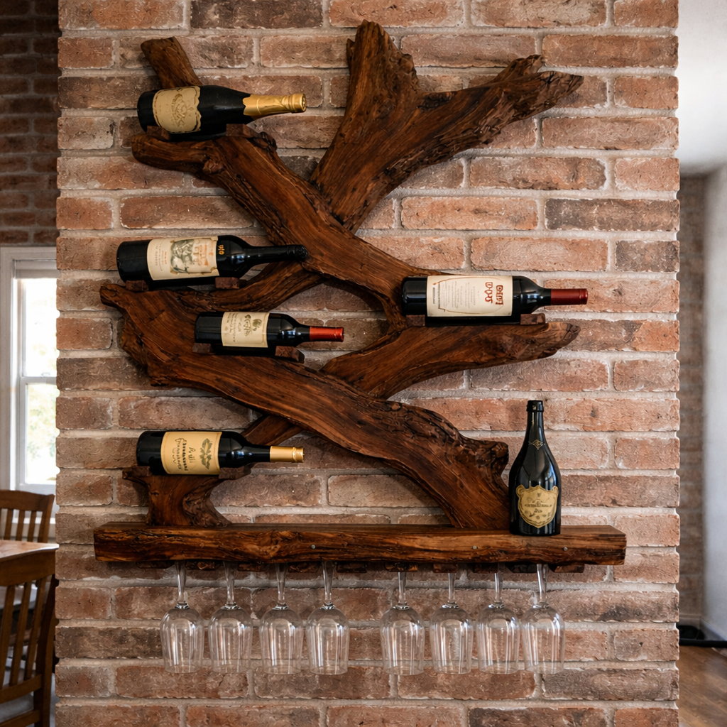 Rustic Solid Wood Wine Rack Wall Mounted with Glass Holder Shelf