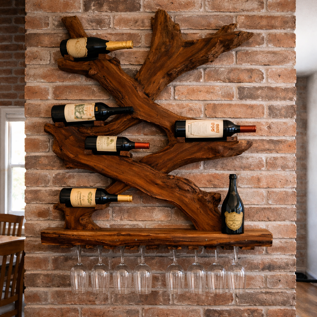 Rustic Solid Wood Wine Rack Wall Mounted with Glass Holder Shelf