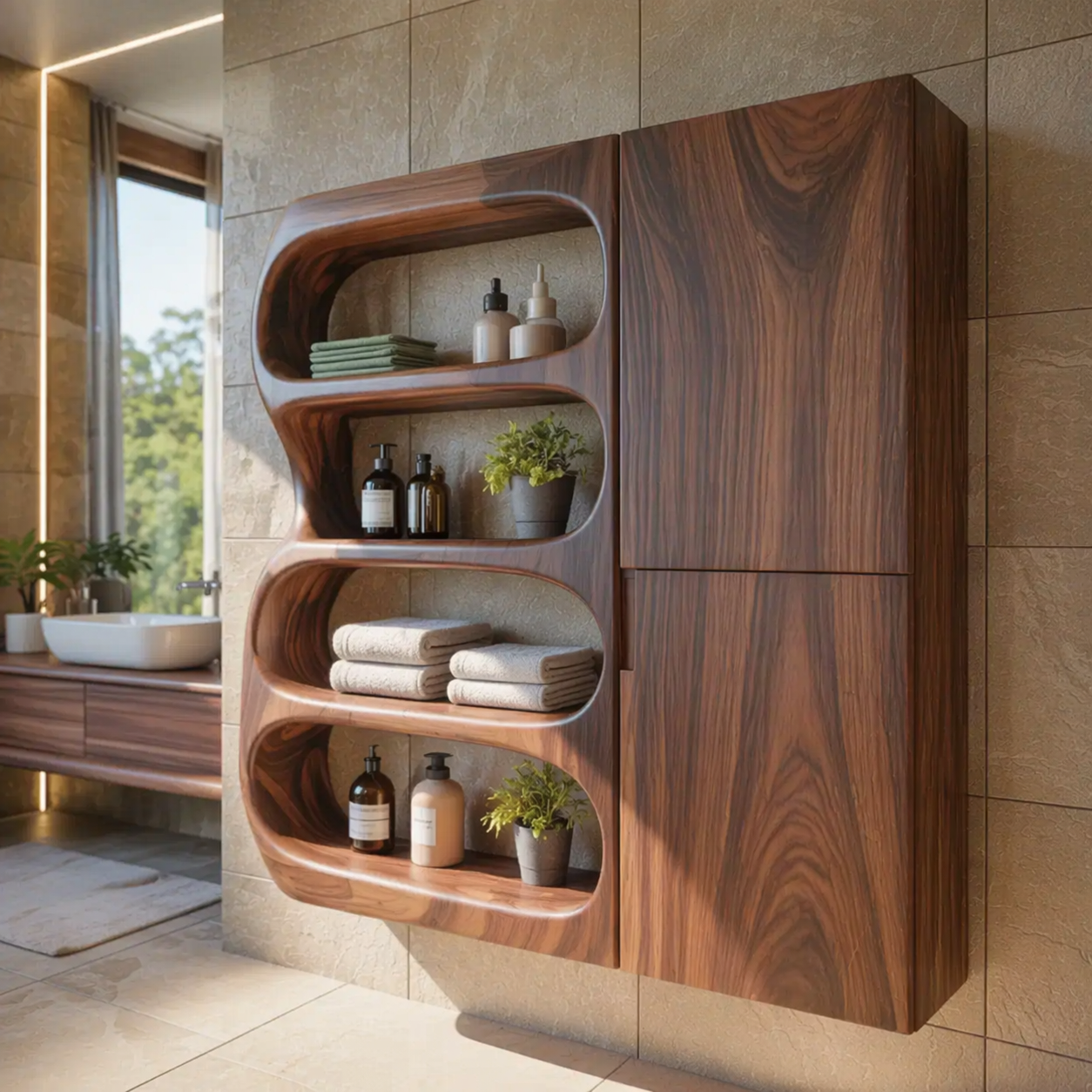 Solid Wood Floating Bathroom Cabinet with Curved Open Shelves & Storage Door
