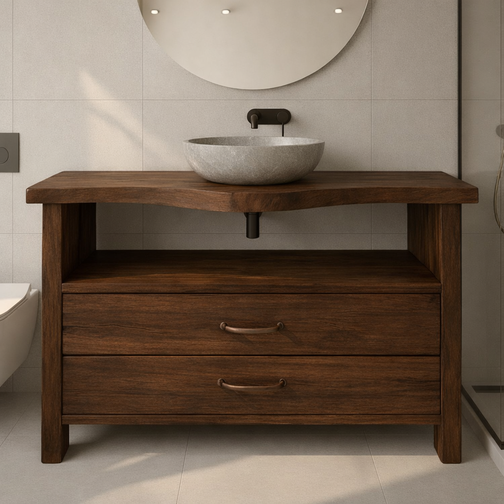 Live Edge Solid Wood Bathroom Vanity with 2 Drawers and Open Shelf for Contemporary Farmhouse Bathrooms