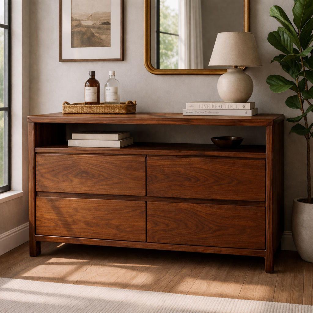 Solid Wood Console Table with Open Shelf and Drawer Storage for Modern Living Room