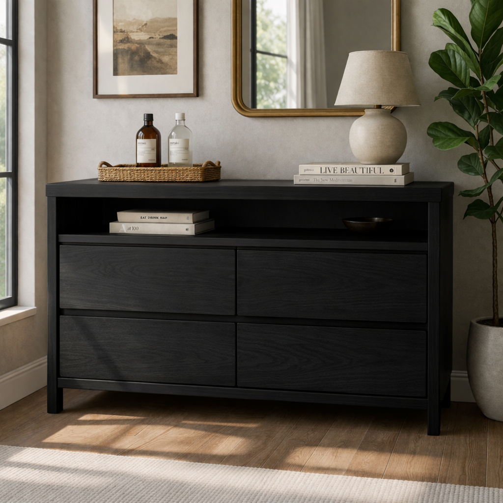 Solid Wood Console Table with Open Shelf and Drawer Storage for Modern Living Room