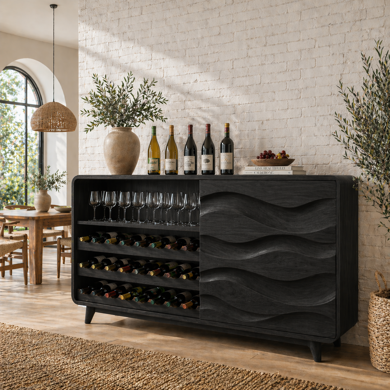 Solid Wood Wine Sideboard with Wave Carved Doors and Bottle Storage