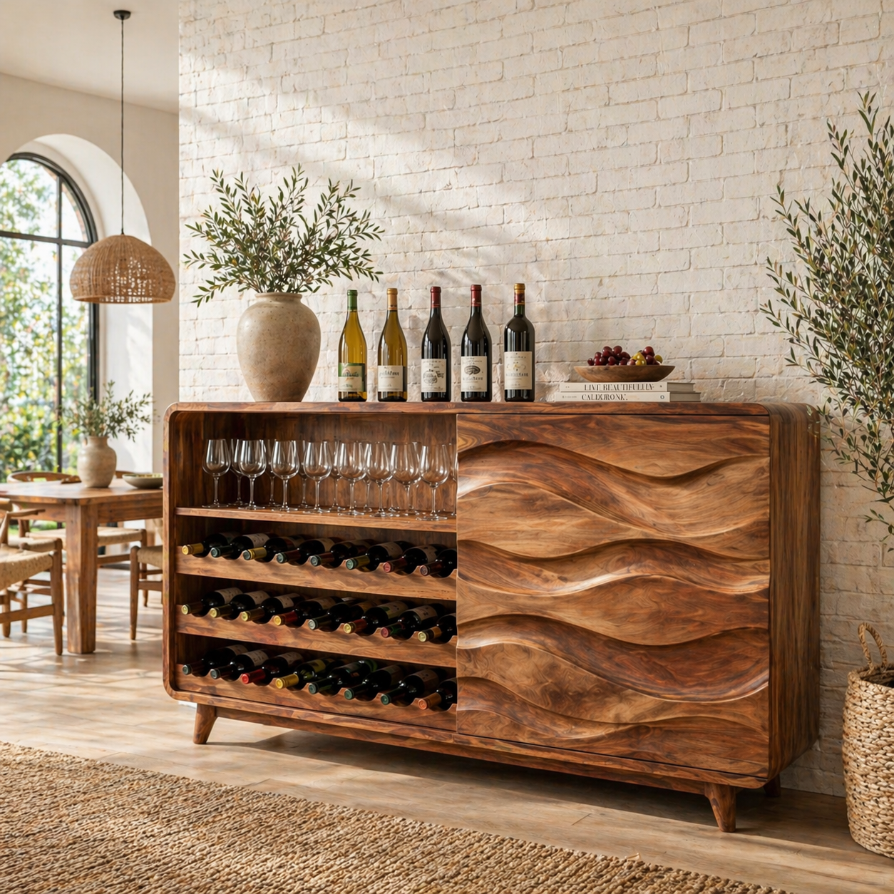 Solid Wood Wine Sideboard with Wave Carved Doors and Bottle Storage
