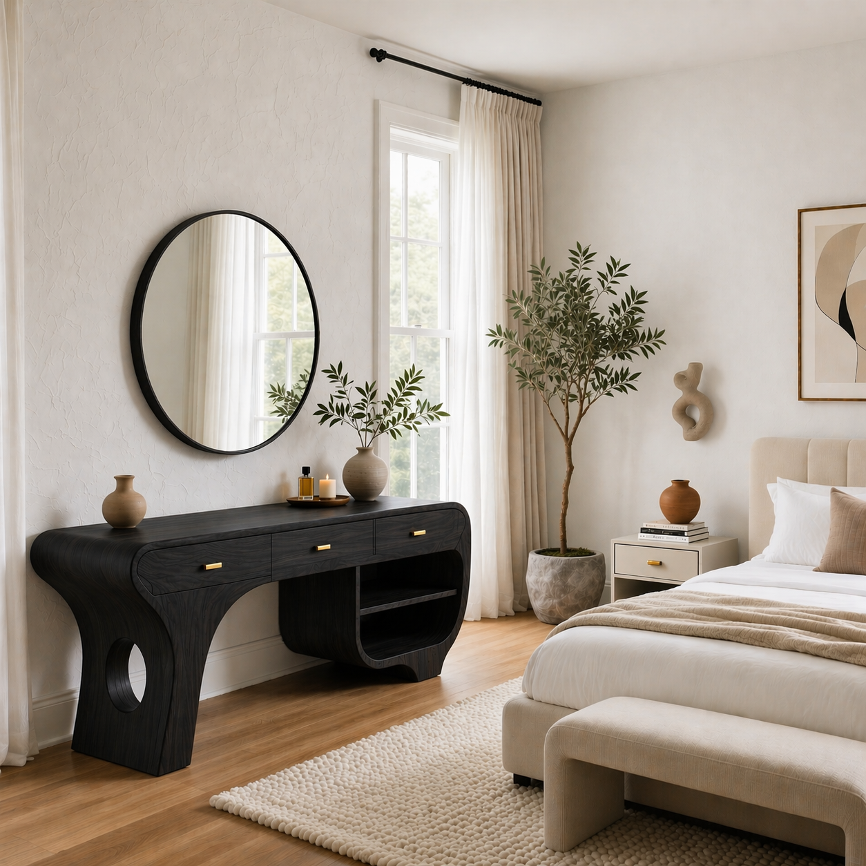 Solid Wood Makeup Vanity Desk with Sculptural Curved Design and Drawers