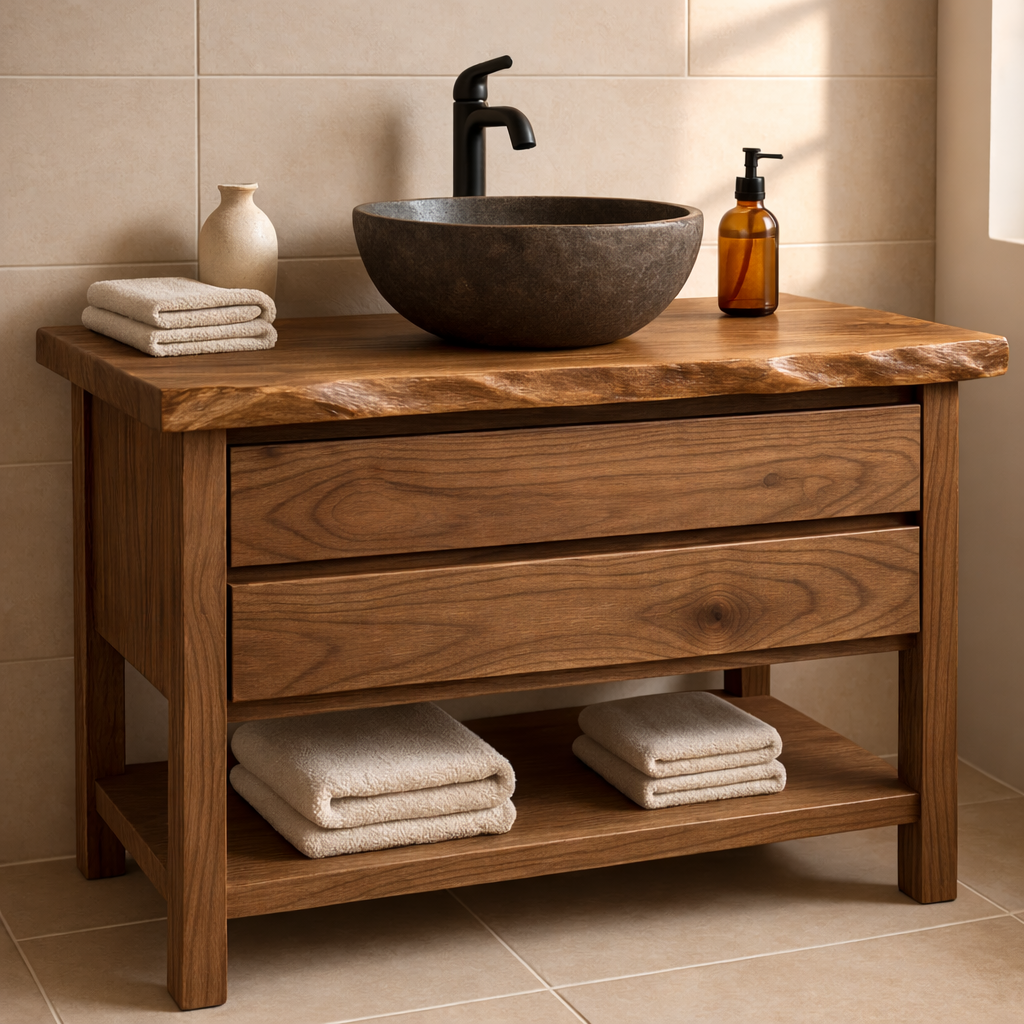 Live Edge Solid Wood Bathroom Vanity with Two Drawers and Open Bottom Shelf for Warm Modern Bathrooms