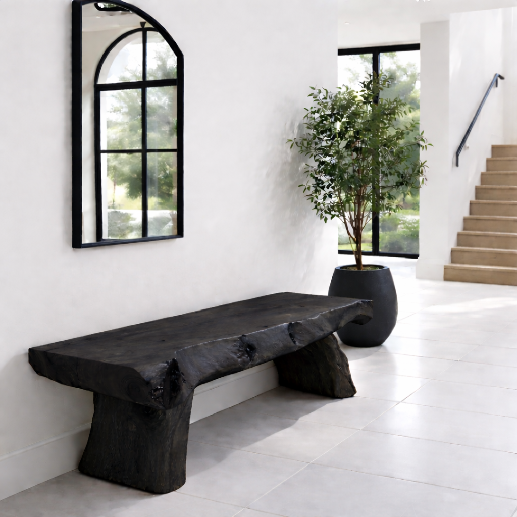 Solid Wood Live Edge Bench – Rustic Entryway Seating with Natural Tree Base