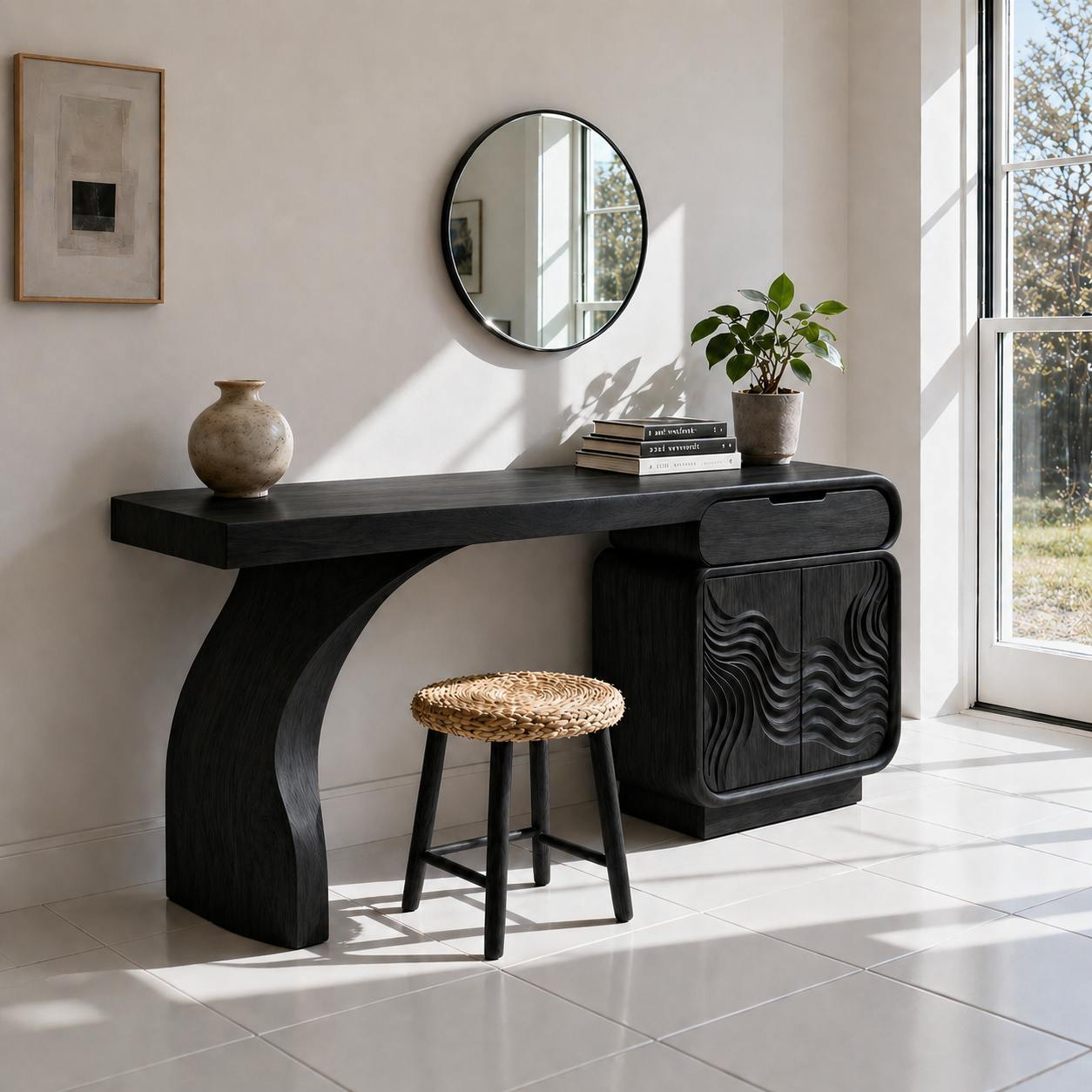 Solid Wood Makeup Vanity Desk with Sculptural Base and Wave Carved Cabinet