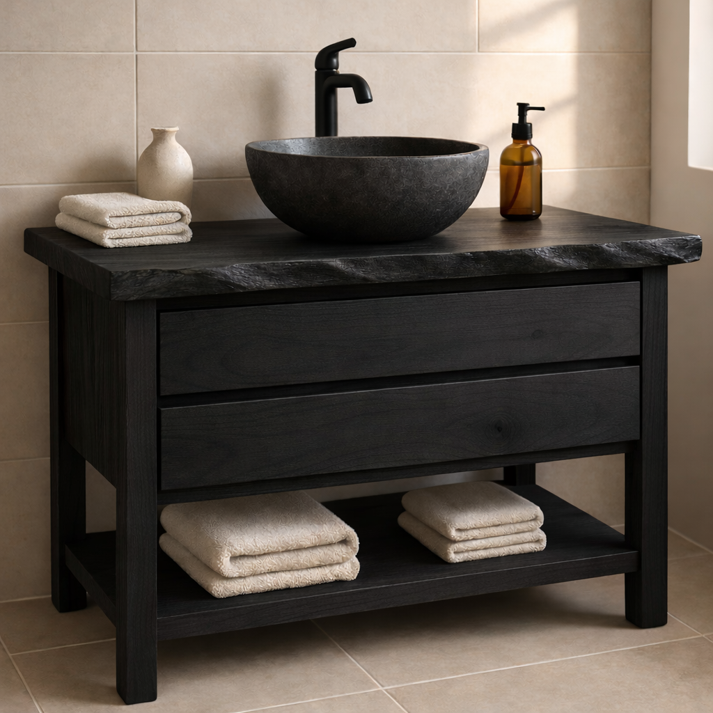Live Edge Solid Wood Bathroom Vanity with Two Drawers and Open Bottom Shelf for Warm Modern Bathrooms