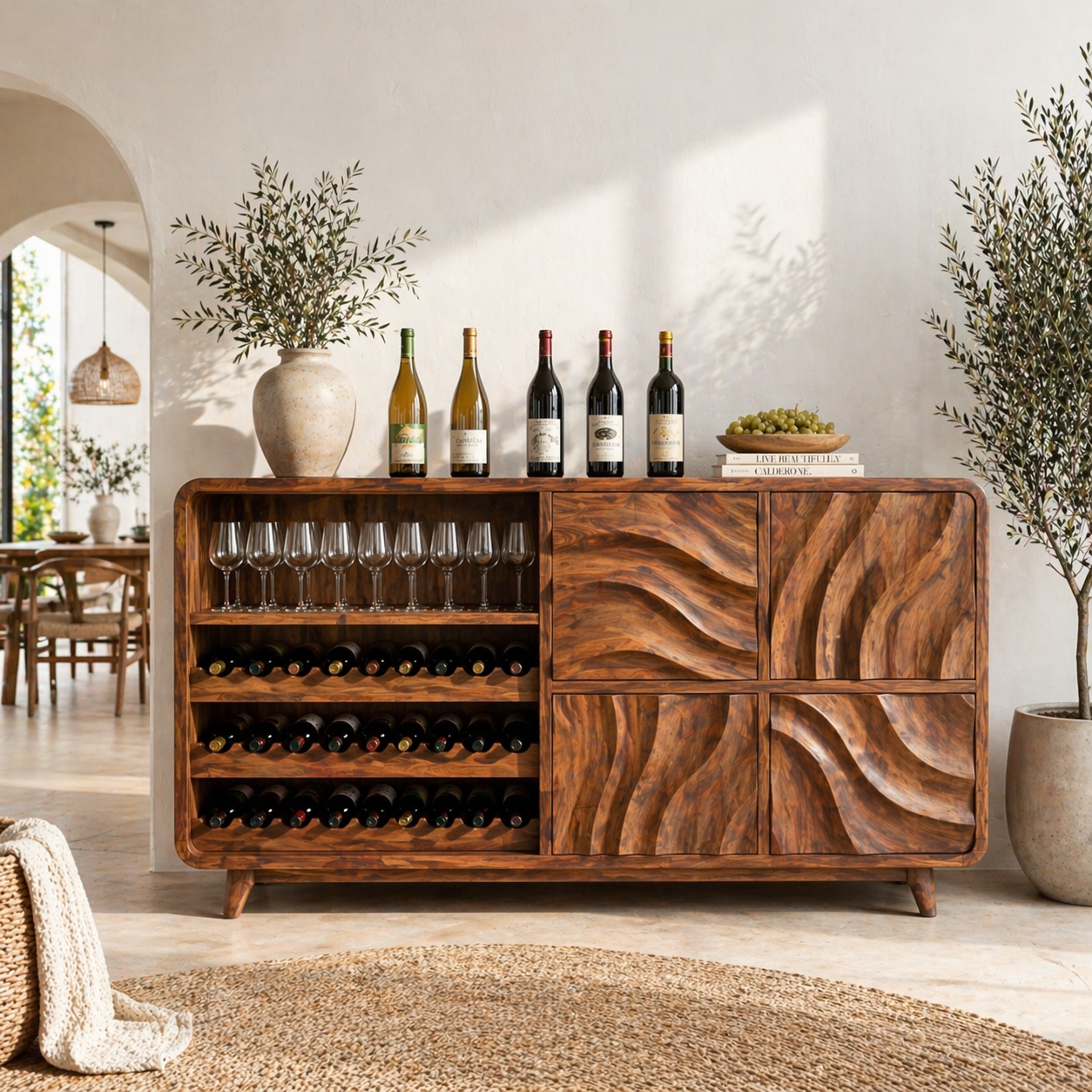 Solid Wood Wine Sideboard with Wave Carved Doors and Open Bottle Storage