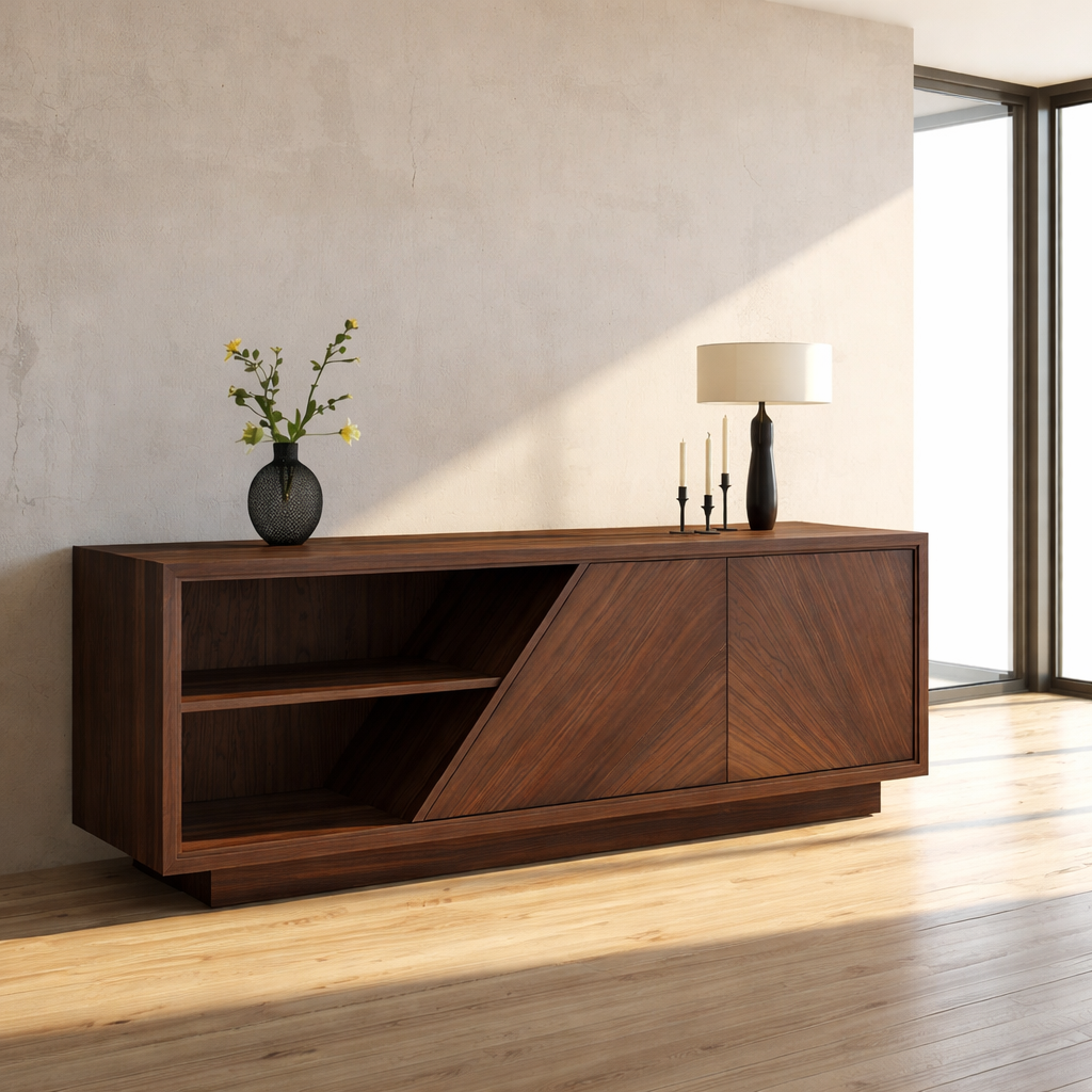 Modern Solid Wood Console Table with Geometric Design and Open Shelf Storage