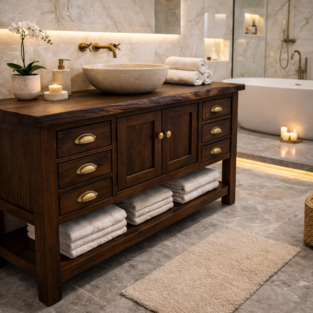 Solid Wood Bathroom Vanity with Drawers & Open Shelf Storage