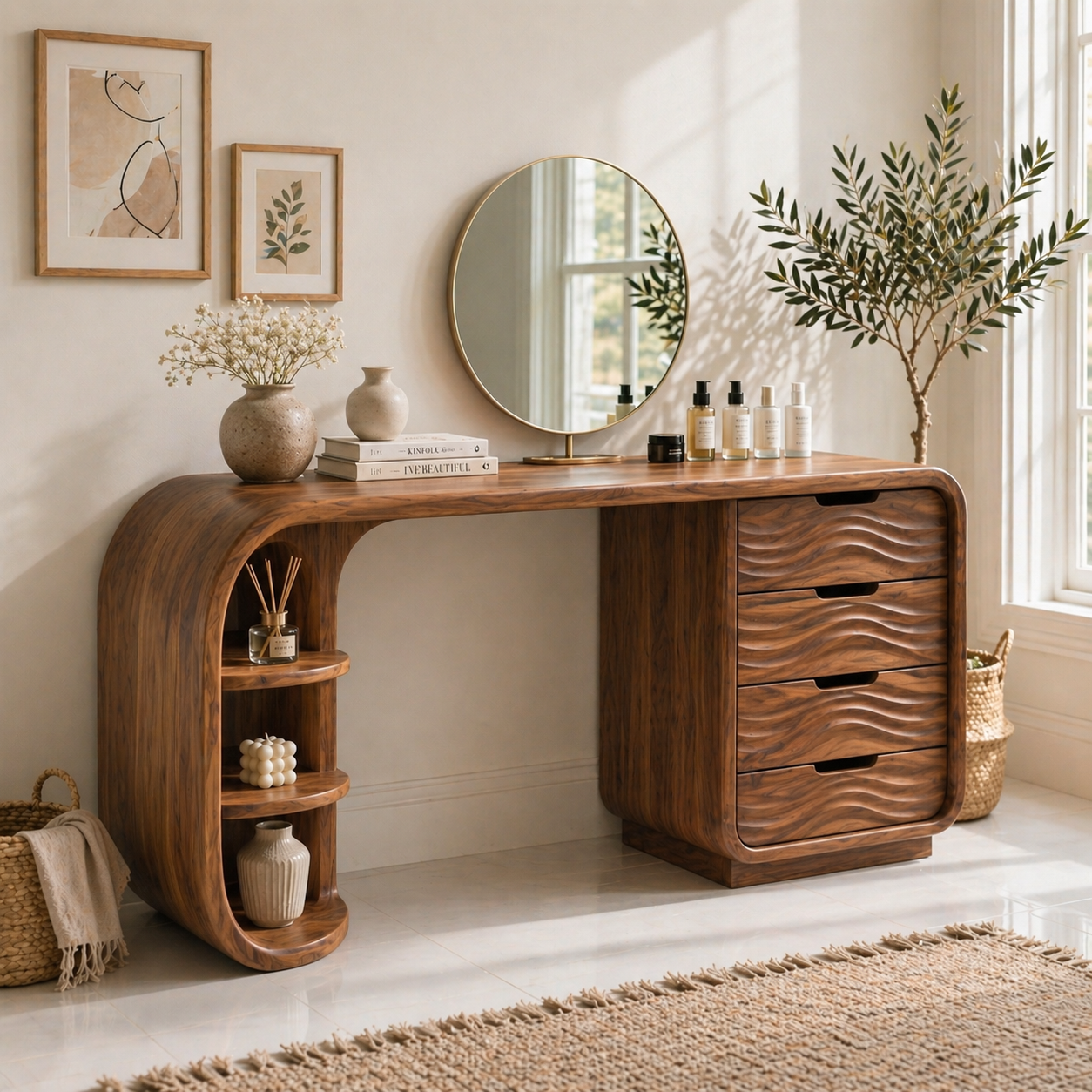 Solid Wood Makeup Vanity Desk with Curved Shelf Base and Wave Drawer Storage
