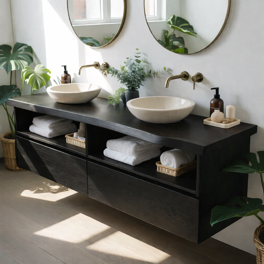 Modern Double Floating Solid Wood Bathroom Vanity Cabinet