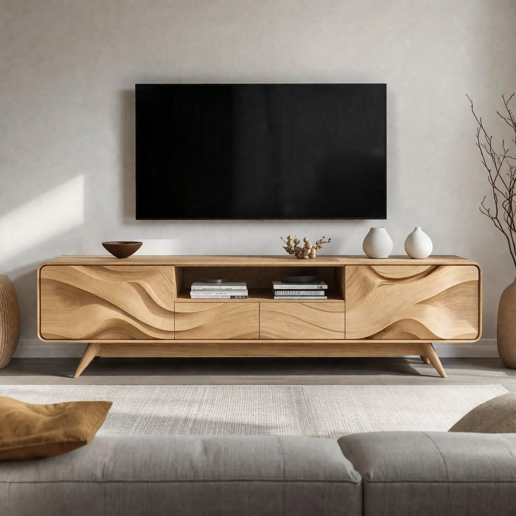 Solid Wood TV Stand with Sculpted Wave Front – Modern Rustic Media Console