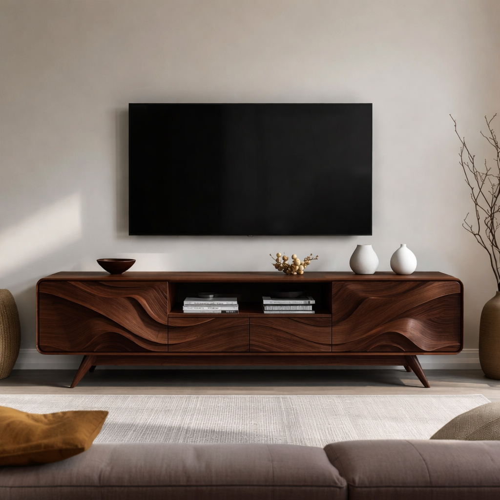 Solid Wood TV Stand with Sculpted Wave Front – Modern Rustic Media Console
